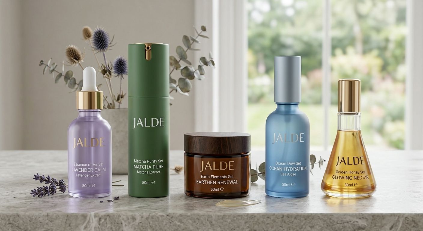 JALDE skincare lineup – Lavender Calm, Matcha Pure, Earthen Renewal, Ocean Hydration and Glowing Nectar